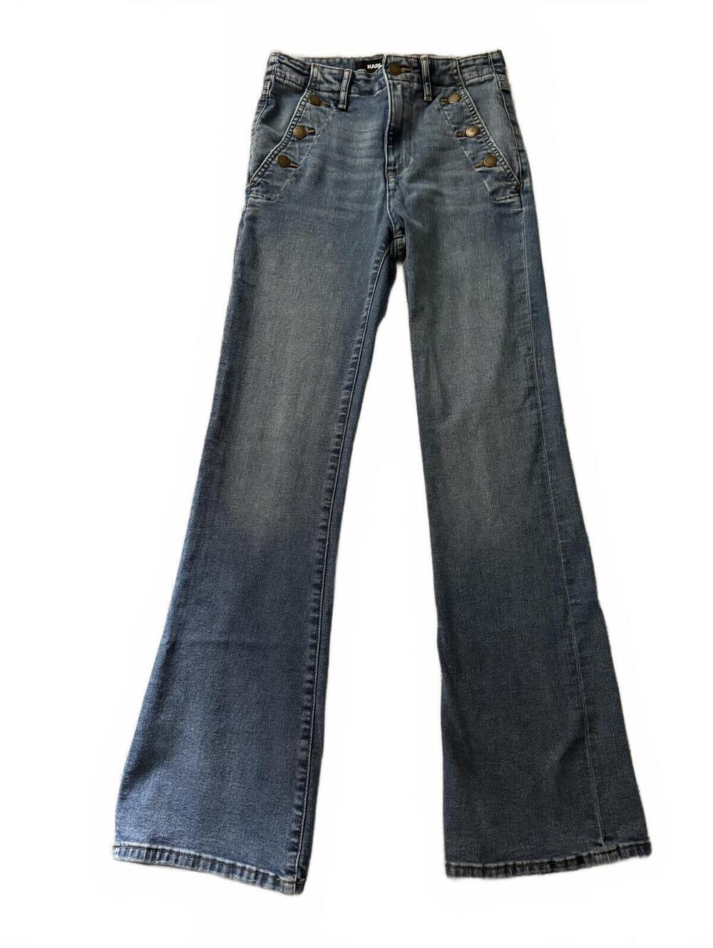Karl Lagerfeld Medium Blue Flare Jeans with Sailor Button Pocket Trim EUC Sz. 4